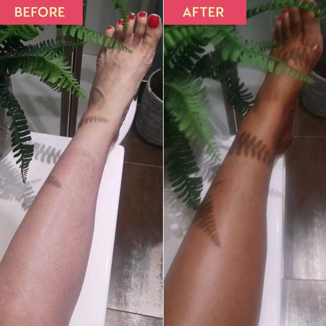 Before and after image of a leg when using he-shi's dark foaming mouse